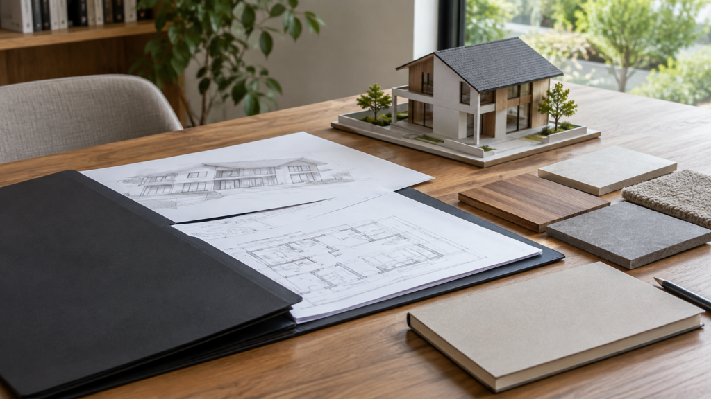 Questions to Ask a Landed Interior Designer Before You Sign 2 Project folder, house model and samples arranged for a design meeting