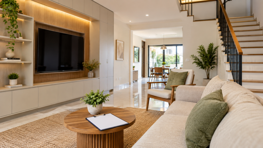Completed conceptual living room with an inspection clipboard