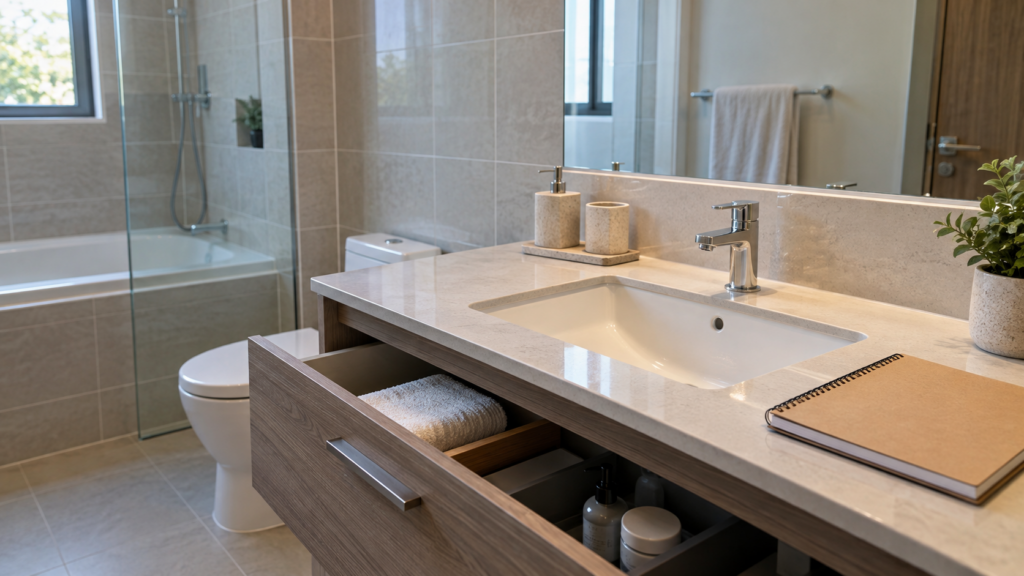 Renovation Defects Check and Handover for Singapore Landed Homes 2 Bathroom vanity, tile joints and notebook illustrating a handover inspection