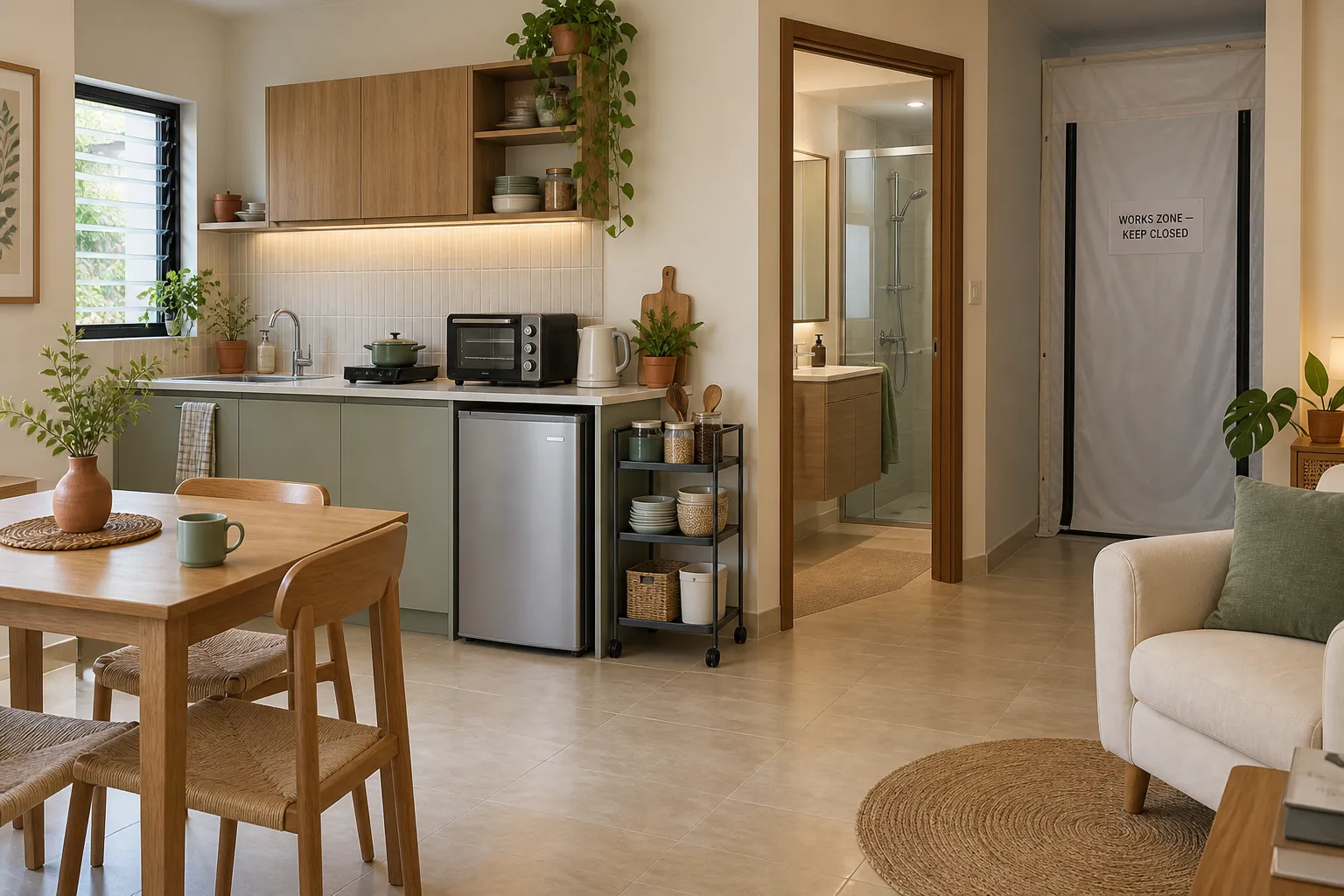temporary kitchen and bathroom during renovation