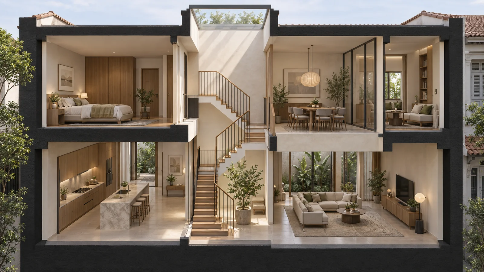 Terrace house cutaway showing a roof skylight bringing natural light through the central stairwell