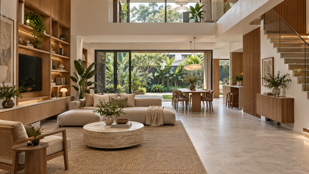 Landed home living and dining space with extensive timber joinery