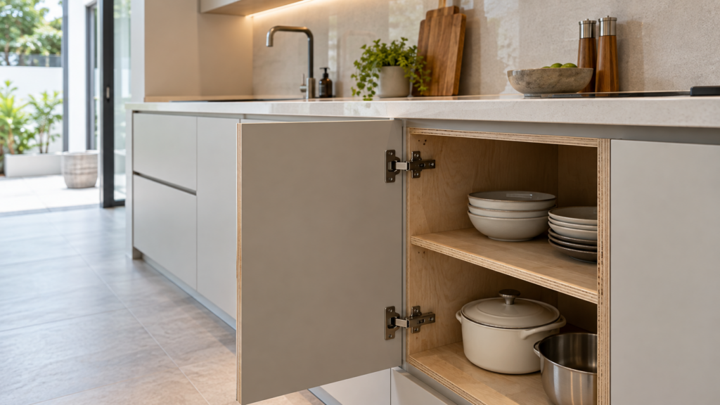 Open kitchen cabinet showing plywood construction and hinge hardware