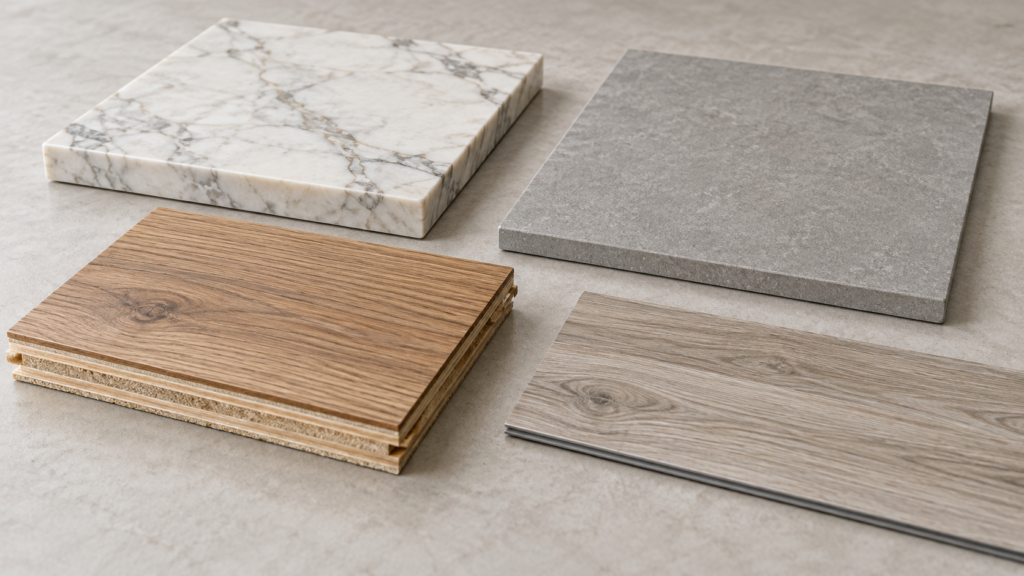 Best Flooring for Landed Houses: Marble, Porcelain, Timber and Vinyl 2 Illustrative samples of stone, tile, engineered timber and vinyl flooring