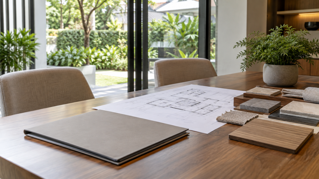 Consultation table with renovation documents, floor plan and material samples