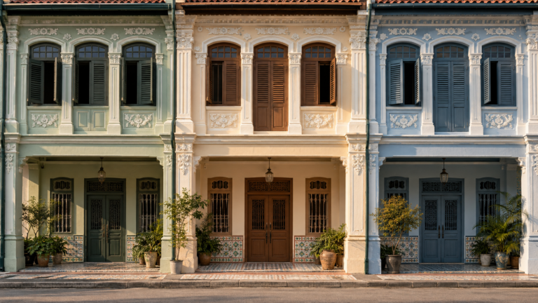 Illustrative Singapore heritage shophouse facades with traditional details