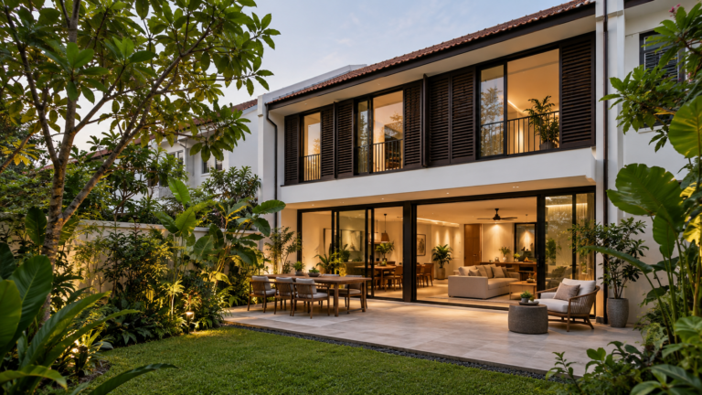 Illustrative landed house exterior showing a stepped roof and building form