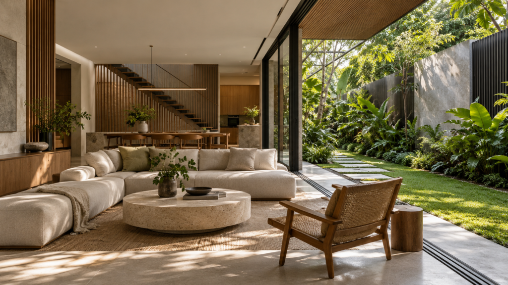 Illustrative semi-detached living room opening towards a shaded side garden