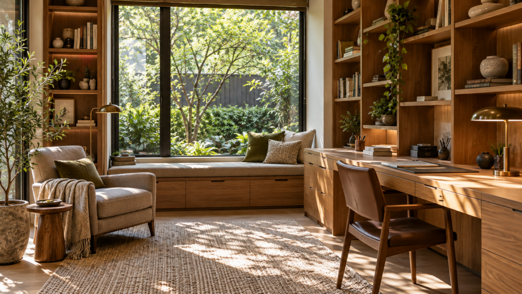 Landed Interior Design in Bukit Timah: Planning Around Your Property 2 Timber study and reading area beside a shaded garden window