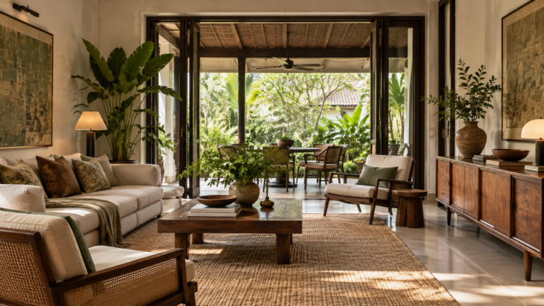 Illustrative landed living room with flexible furniture and warm neutral finishes