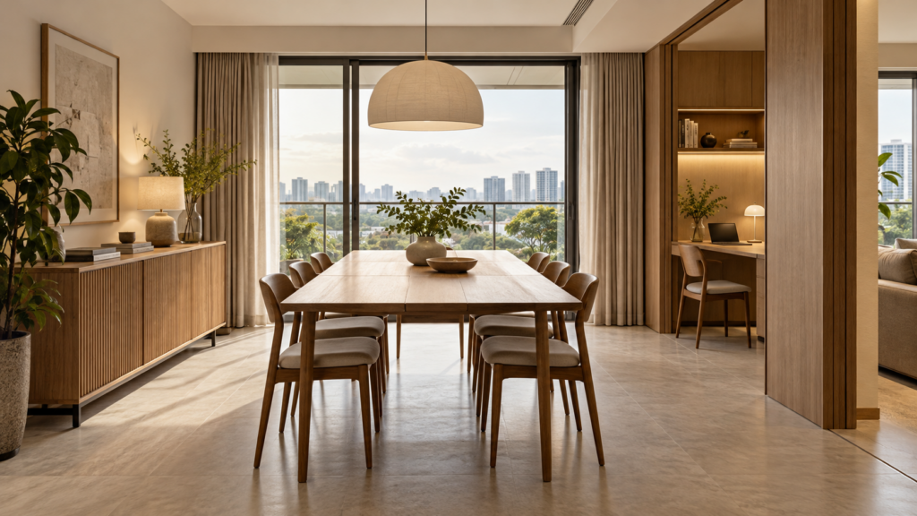 Landed Interior Design in Holland and Chip Bee: A Flexible Home Guide 2 Dining area with movable furniture and a compact home working nook