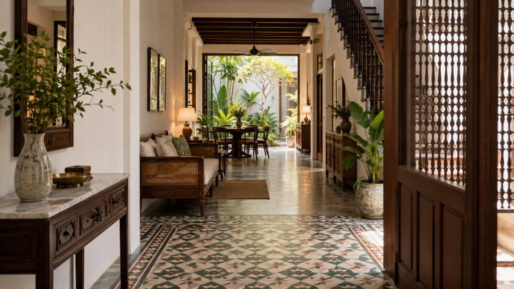 Heritage-inspired terrace interior with patterned tiles and timber details