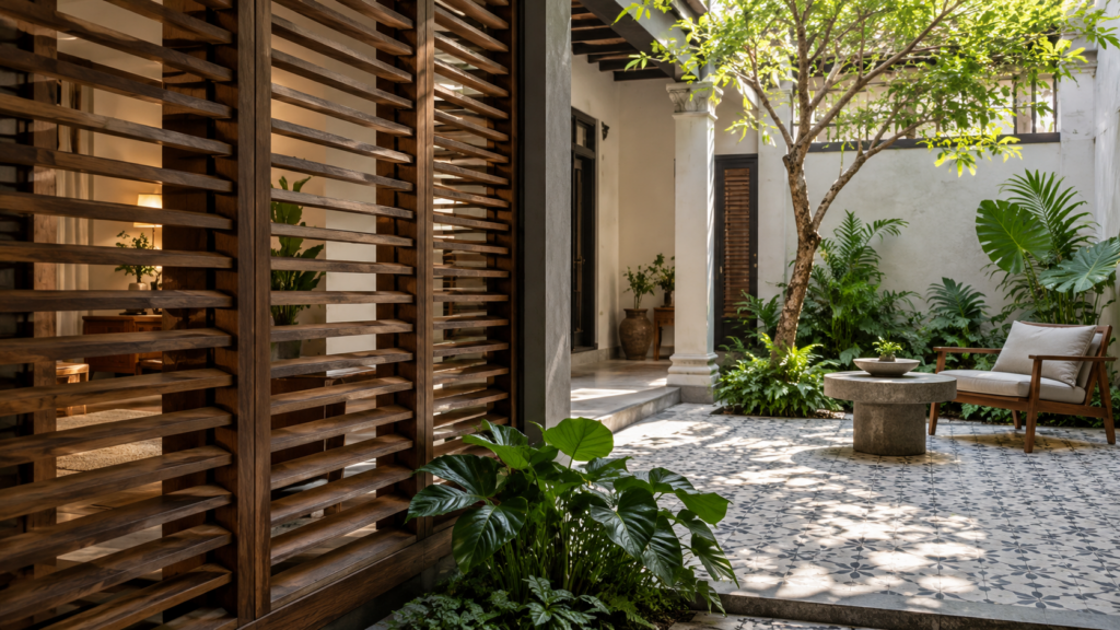 Landed Interior Design in Katong and Joo Chiat: Heritage and Everyday Living 2 Timber louvred screen beside a small courtyard and patterned floor tiles