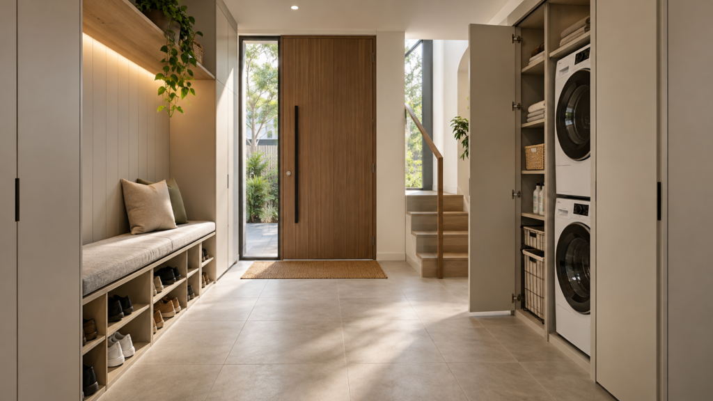 Landed Interior Design in Sembawang and Yishun: A Family Planning Guide 2 Planned utility entrance with laundry storage and a clear circulation route