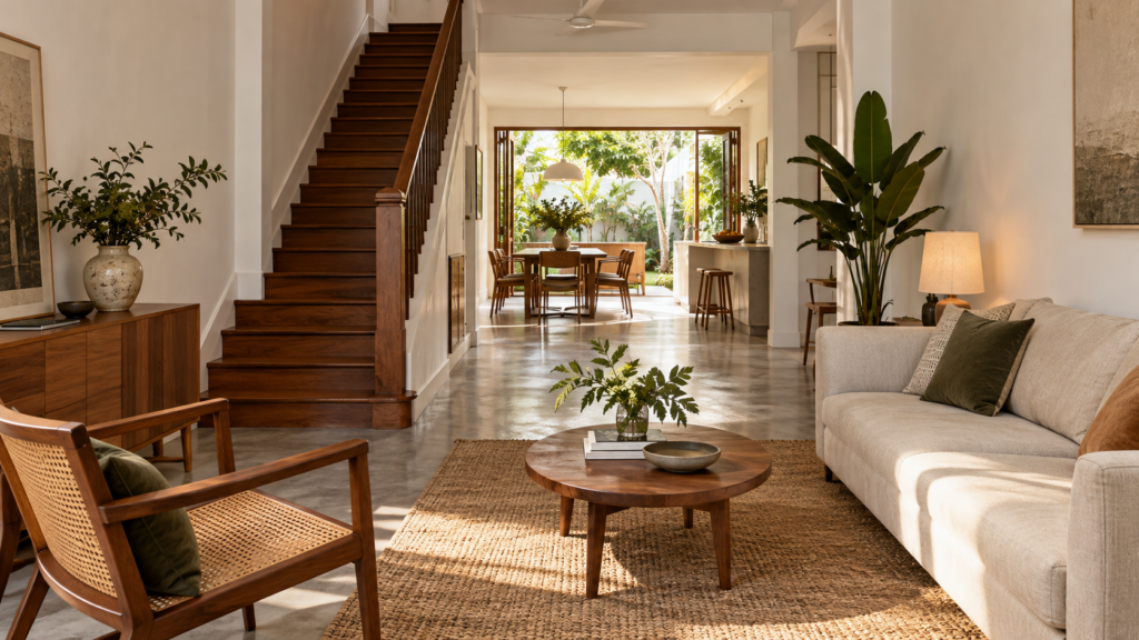 Illustrative renovated terrace living room with timber stairs and rear dining area