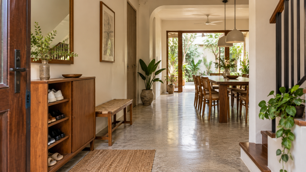 Landed Interior Design in Serangoon Gardens: Renovating an Established Home 2 Terrace entrance storage and bench beside a clear route to the dining area