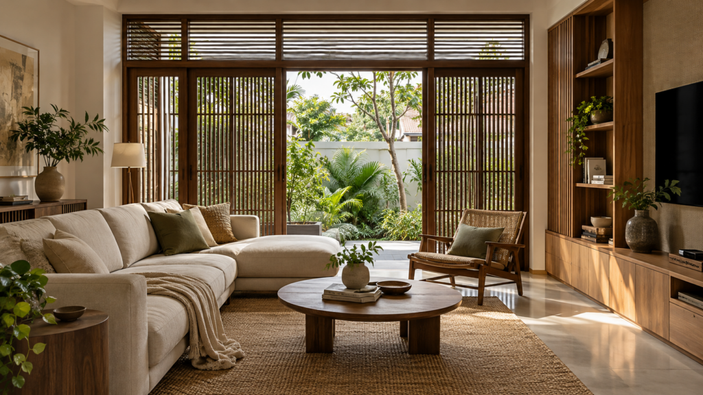 Illustrative east-side terrace living room with shaded windows and privacy screens