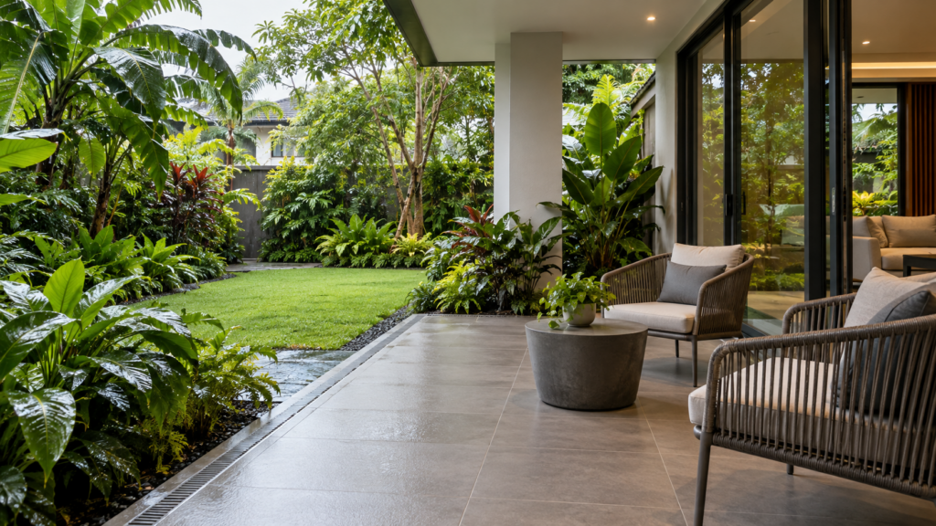 Landed Interior Design in Siglap and Telok Kurau: Privacy, Light and Materials 2 Sheltered patio threshold with tiled flooring, drainage channel and garden view
