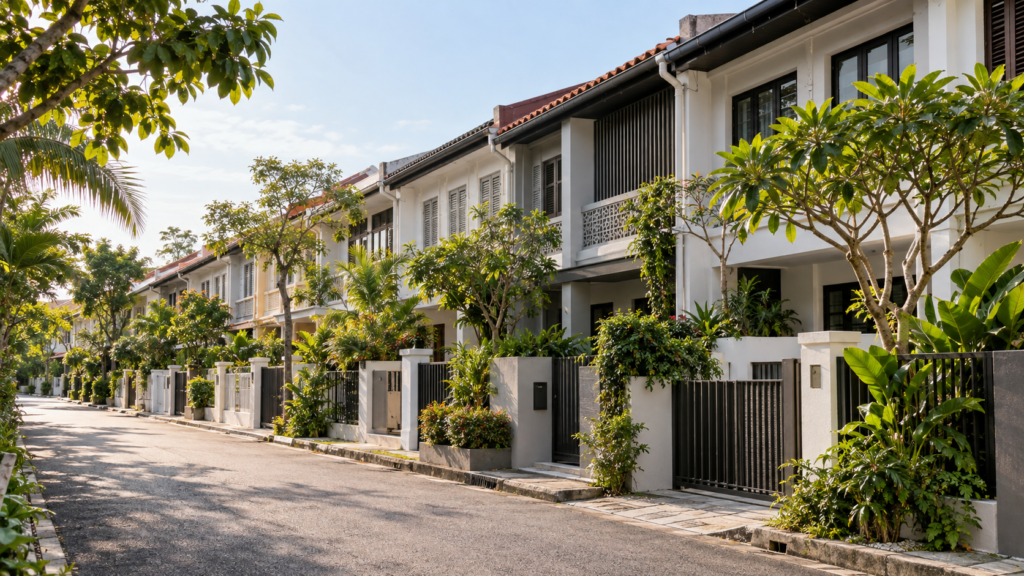 Illustrative Singapore terrace lane with varied house facades and greenery