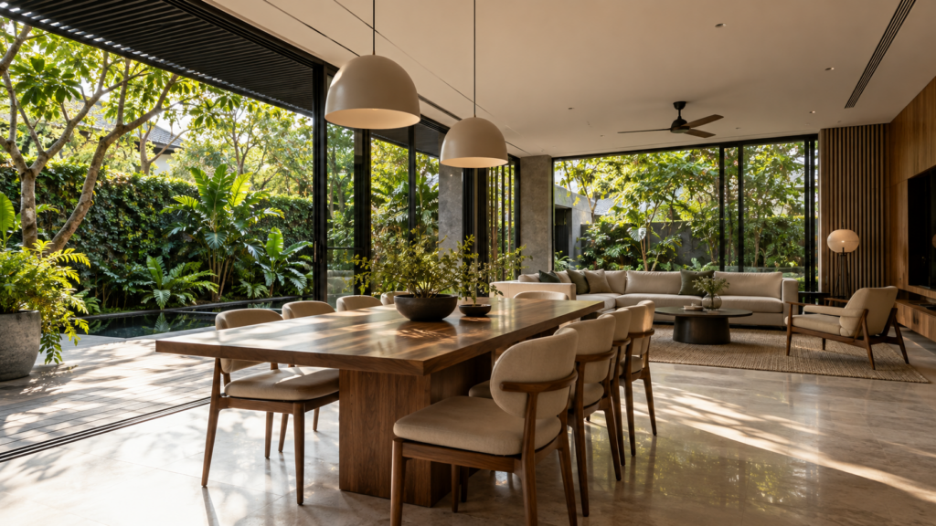 Shaded landed living and dining room with a garden connection