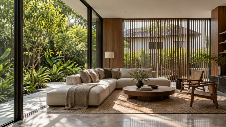 Landed Interior Design in Upper Thomson: A Practical Home Guide 1 Illustrative landed living room opening towards a green outdoor space