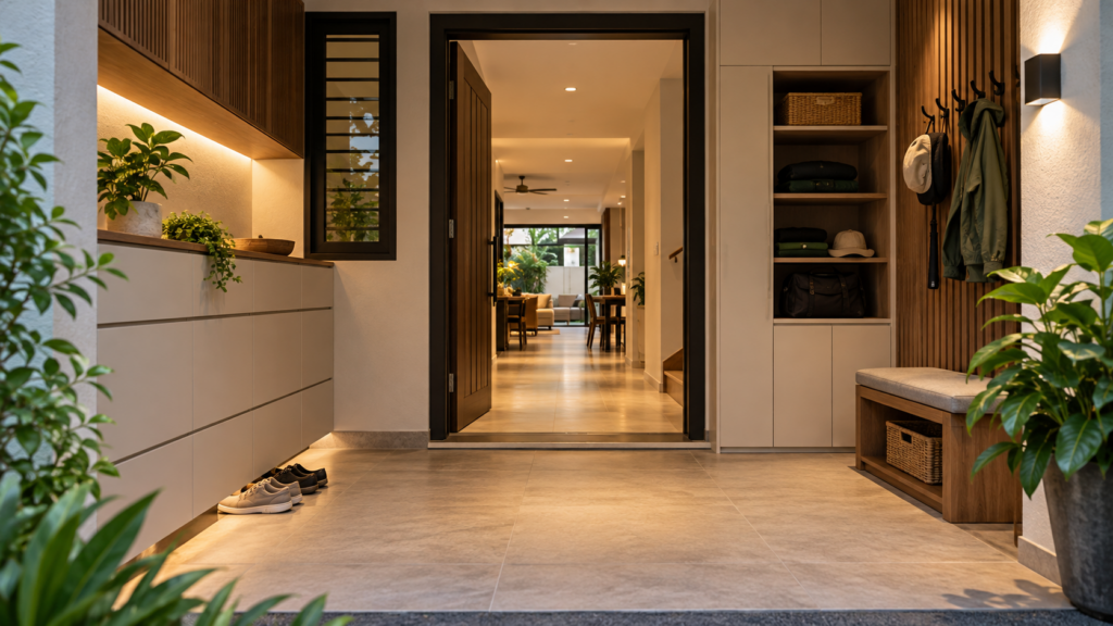 Landed Interior Design in Upper Thomson: A Practical Home Guide 2 Entrance bench and storage arranged for everyday bags and outdoor equipment