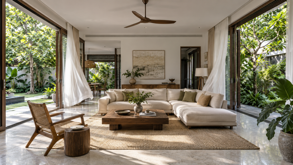 Tropical landed living room with opposing open garden doors and light curtains