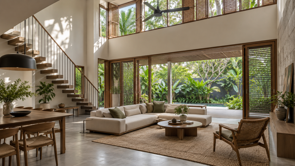Natural Ventilation in Landed Homes: Planning for Cross-Breeze 2 Double-height landed interior with high windows and shaded garden openings