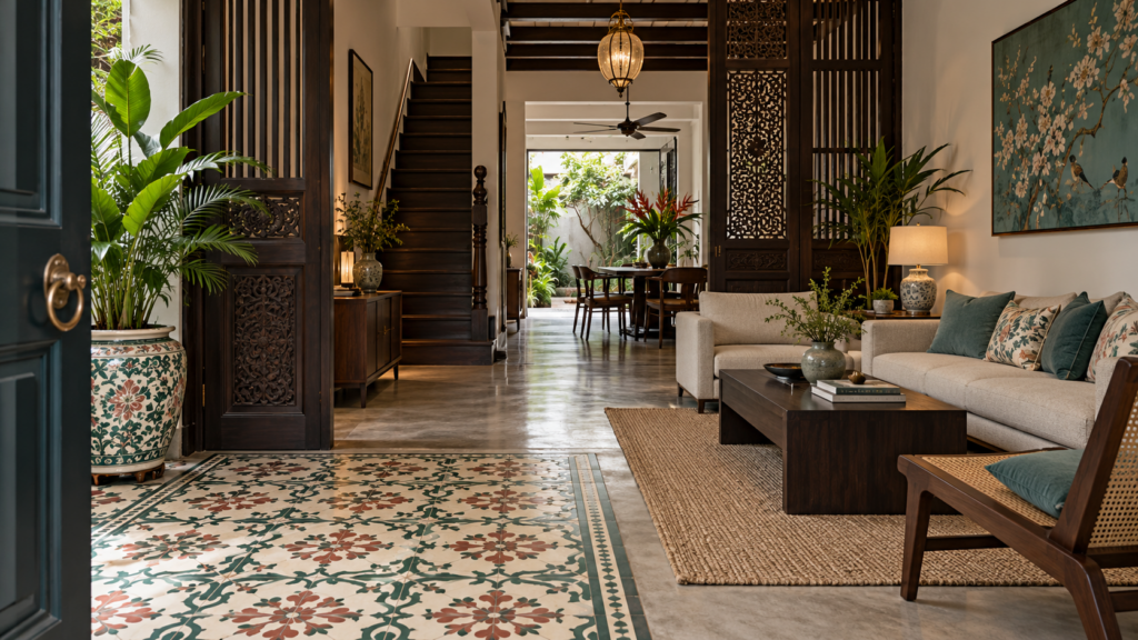 Heritage-inspired terrace interior with patterned entrance tiles and timber screens