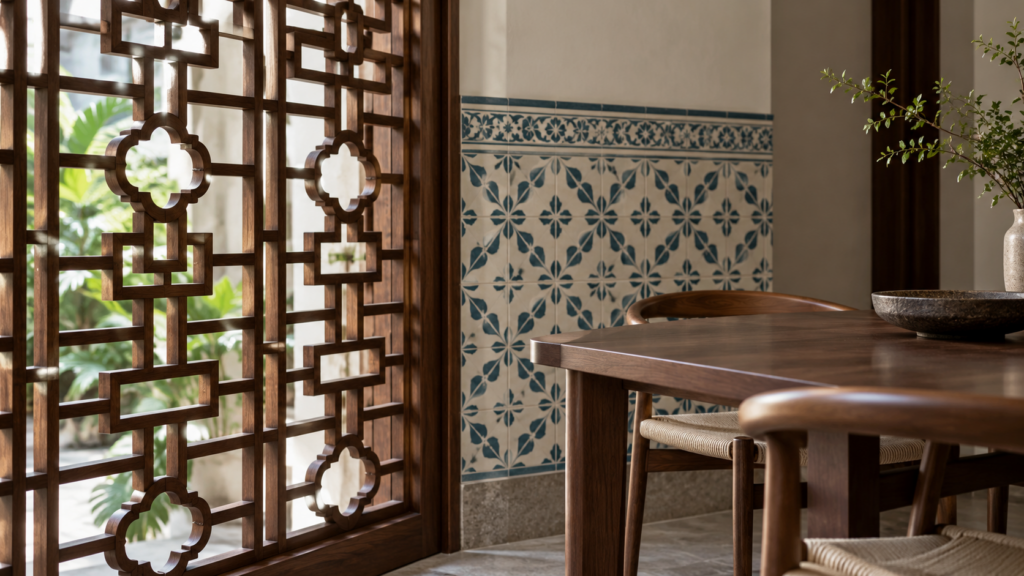 Peranakan-Inspired Landed Interiors: Heritage With Everyday Comfort 2 Timber fretwork screen beside patterned tiles and simple dining furniture