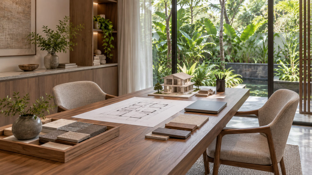 Design consultation table with floor plans, samples and a house model