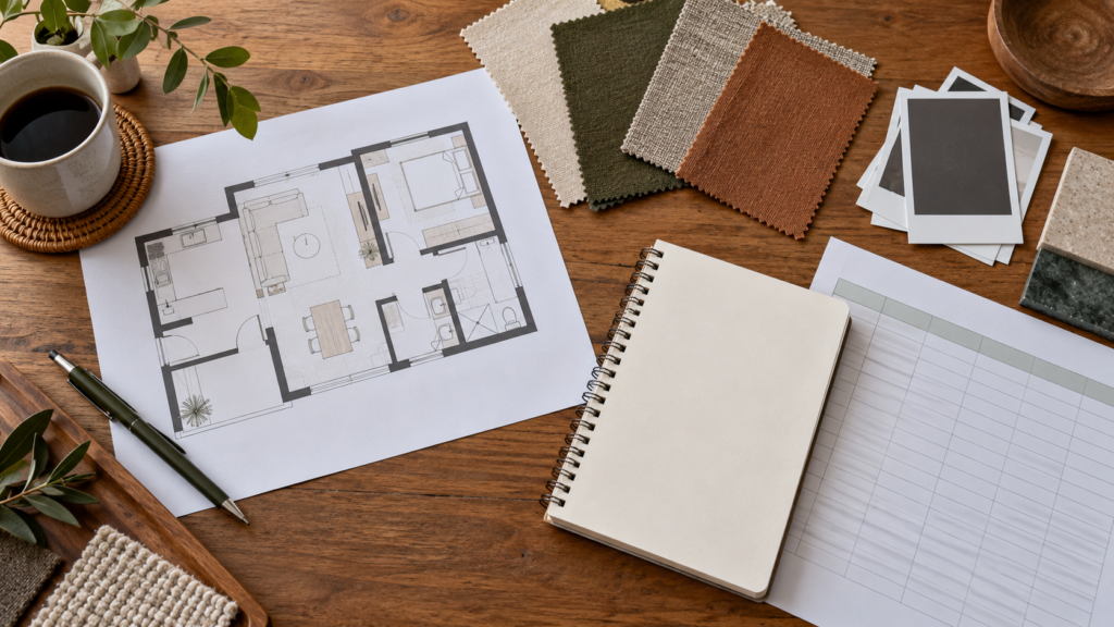 Interior Design Consultation: What to Prepare for Your Landed Home 2 Homeowner consultation materials including a plan, notebook and fabric samples