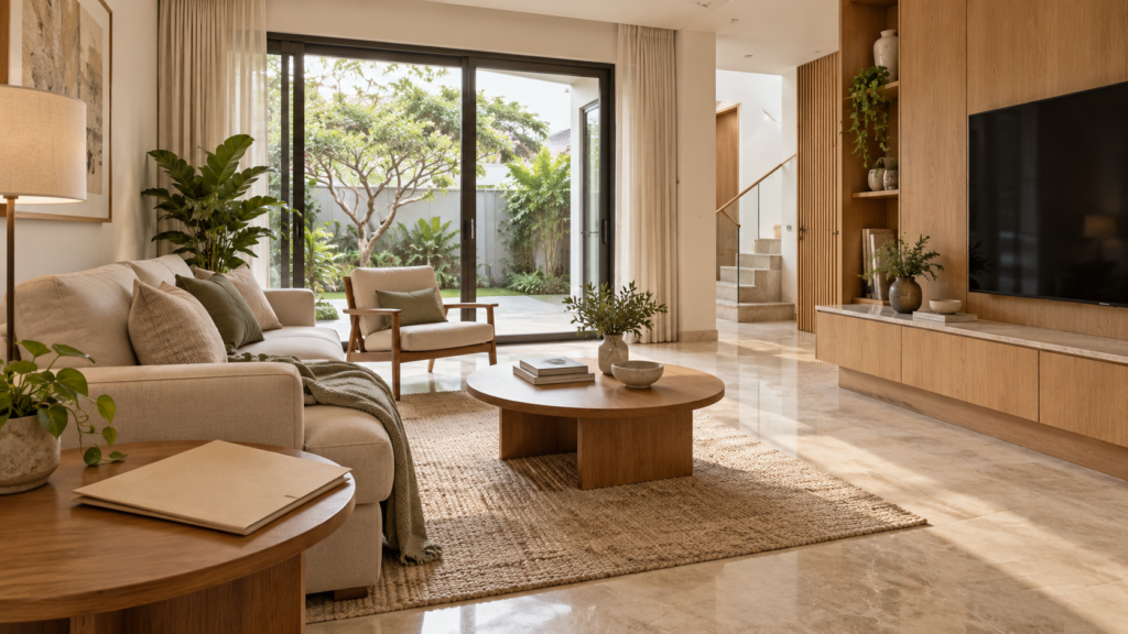 Completed conceptual living room with a home maintenance folder
