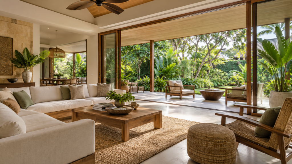 Resort tropical living room with woven textures and a shaded garden terrace
