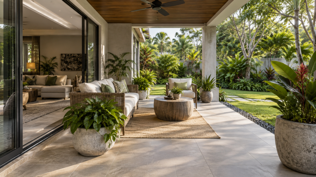 Sheltered tropical patio with outdoor seating and a clear garden walkway