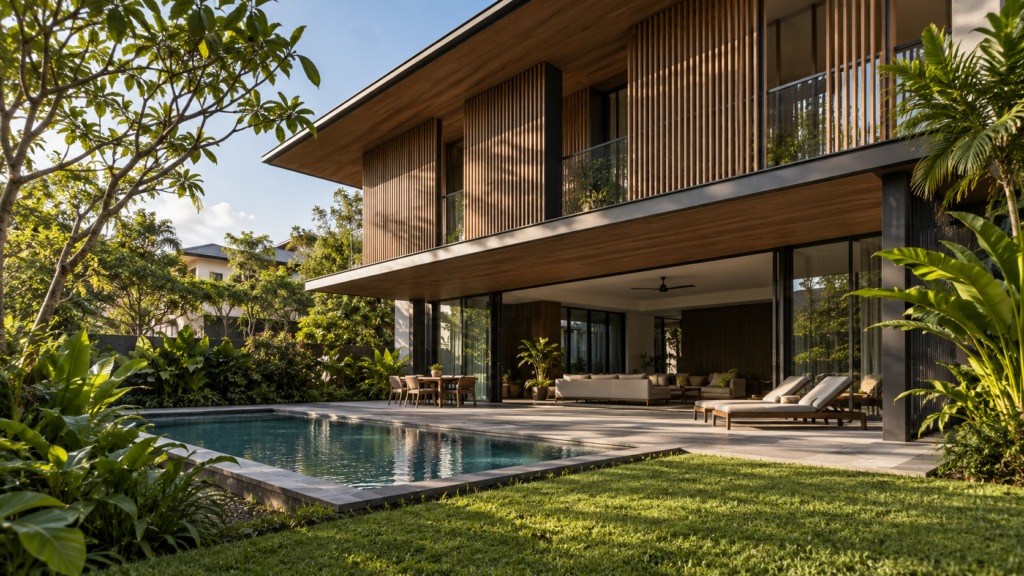 Landed house with deep overhangs and vertical screens shading garden-facing rooms