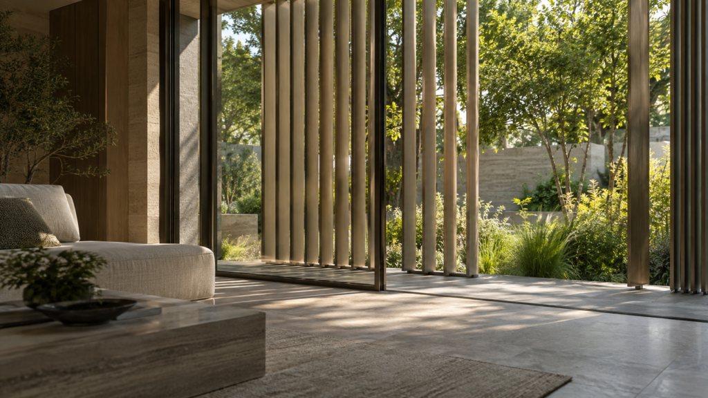 Sun Orientation and Shading for Singapore Landed Homes 2 Interior view of exterior louvres shading a garden-facing living room