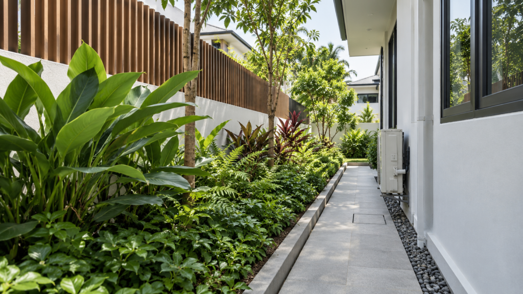 Landed home garden with an accessible paved strip beside the exterior wall