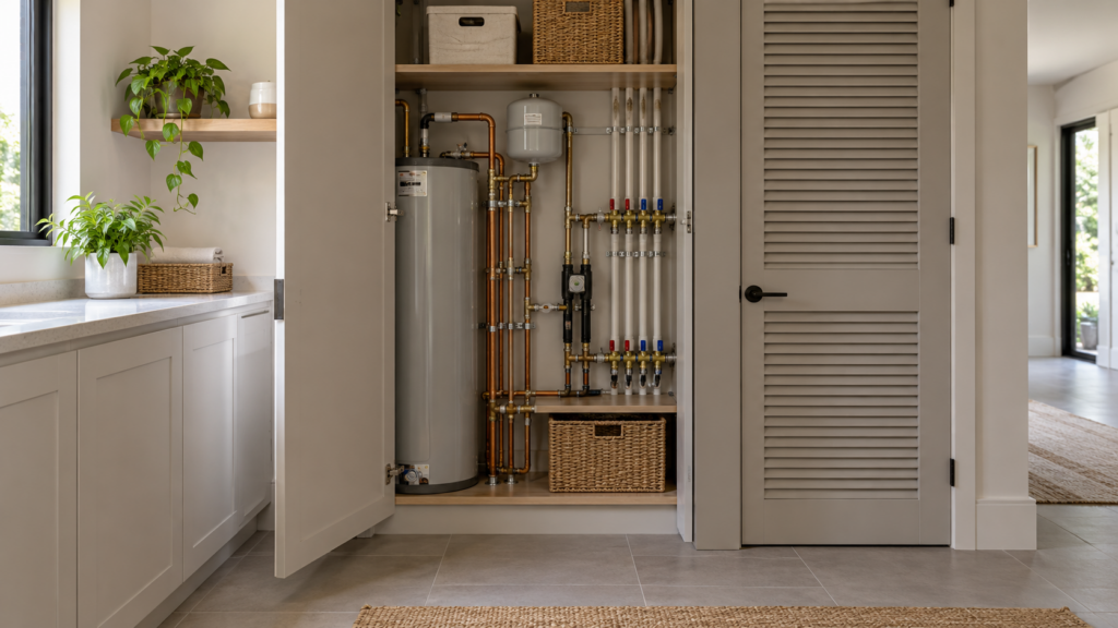 Termite and Mould Prevention for Singapore Landed Homes 2 Open utility cabinet showing accessible plumbing and adjacent ventilation