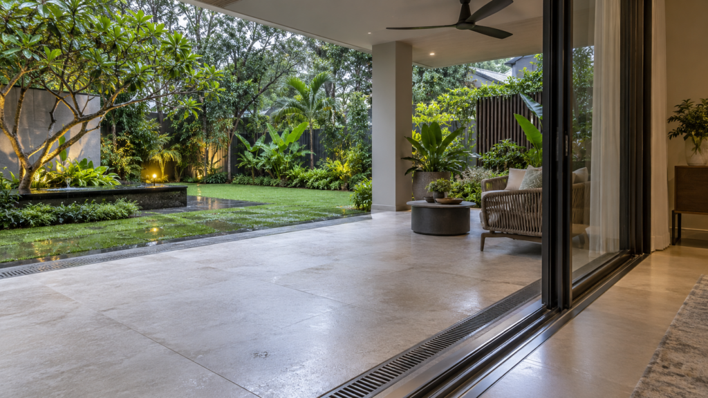 Covered landed-home balcony with a sheltered threshold and garden drainage