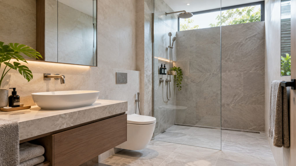 Waterproofing for Landed Homes: Leaks, Damp and What to Check 2 Illustrative bathroom with a separate shower area and linear floor drain
